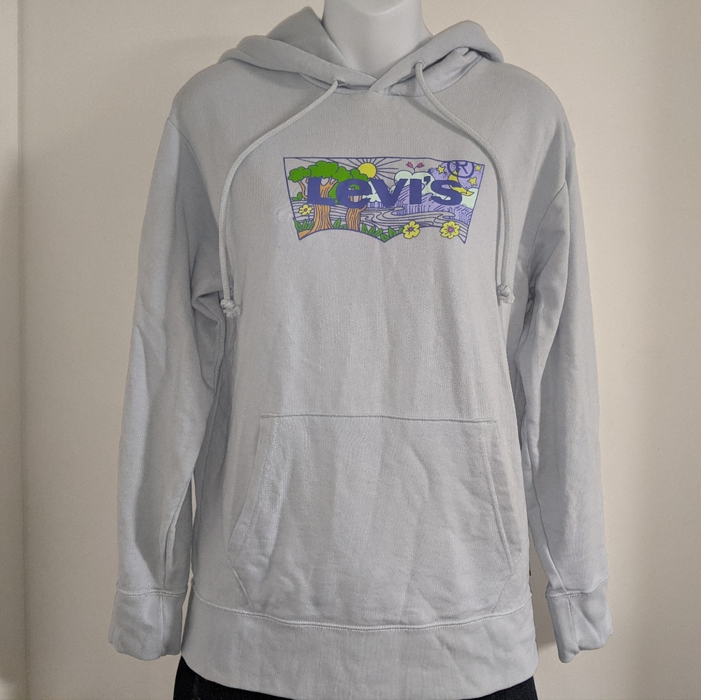 Levi's Pastel Blue Hoodie Sweatshirt Pullover Batwing Print Logo Graphic